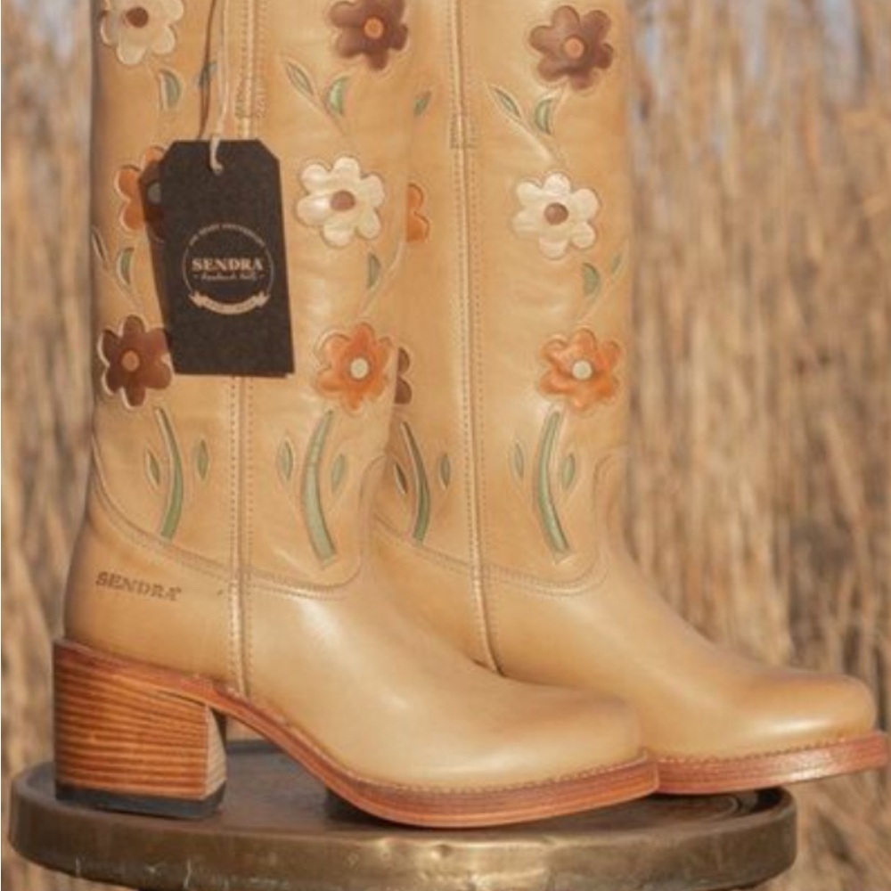 Sendra Floral Embroidered Tan Leather Mid-Calf Boots